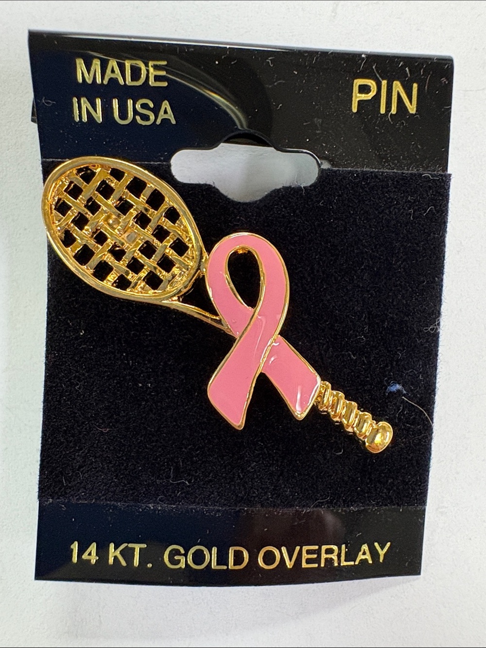Gold Tennis Racket Brooch with Pink Ribbon Accent